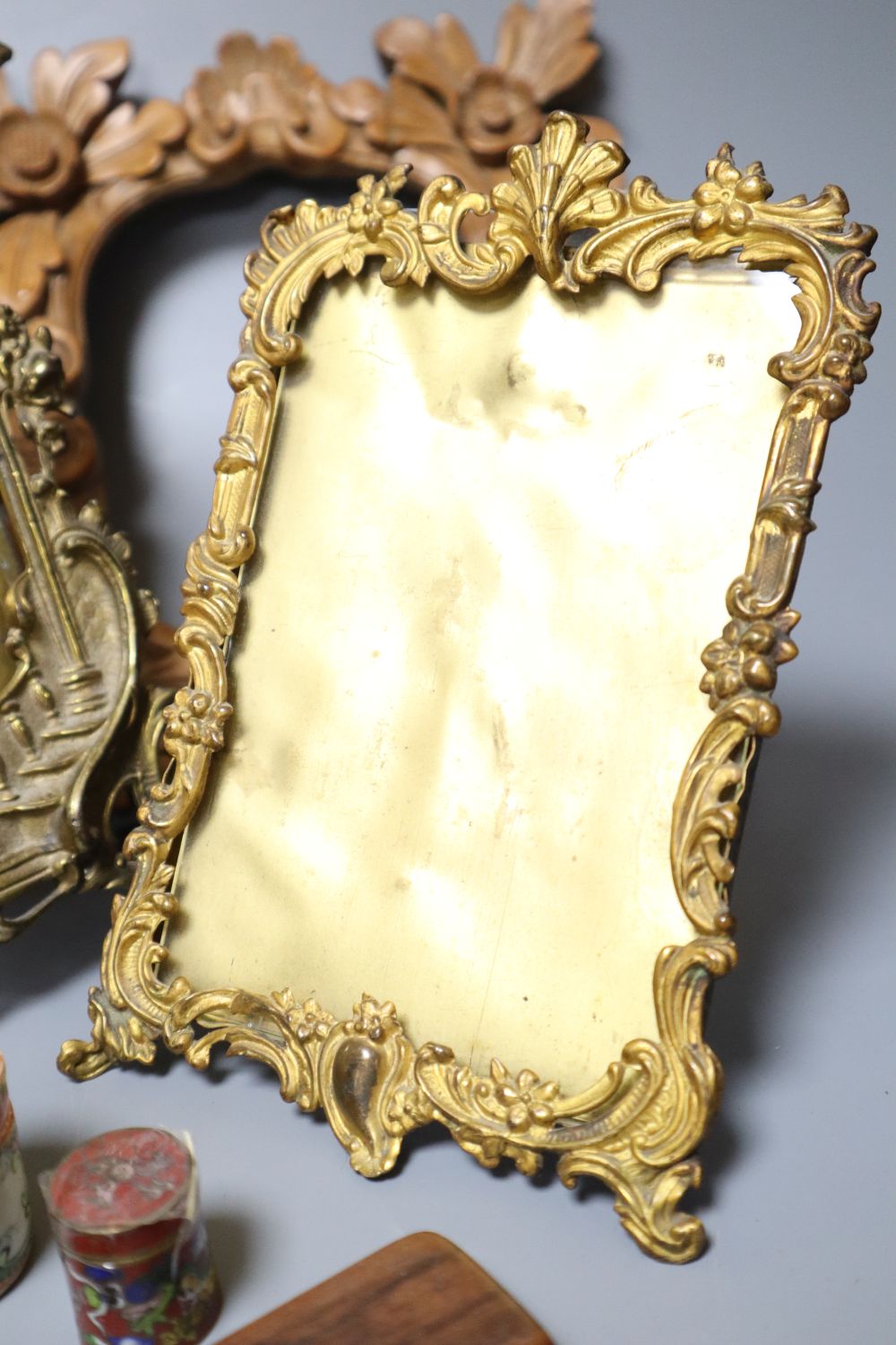 Miscellaneous items including pine frame, mini easel, two brass frames, eight silver plated fish knives and forks, nine small boxes, ea